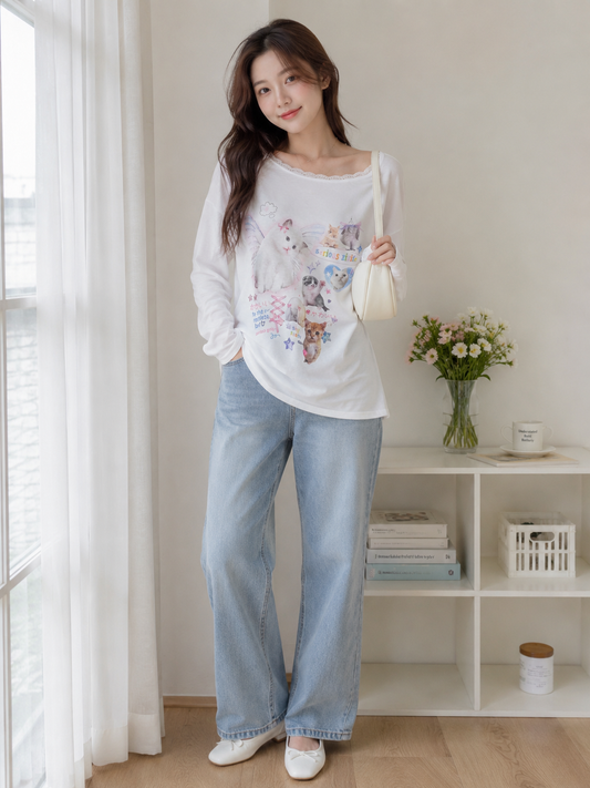 Playful Cat Graphic Long Sleeve Tee