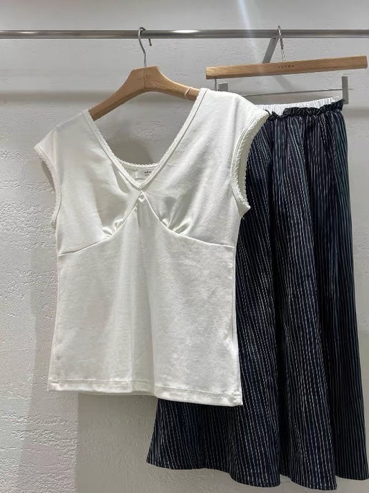 Beige Korean Casual V-Neck Top
