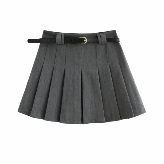 Classic High Waist Pleated Skirt with Belt