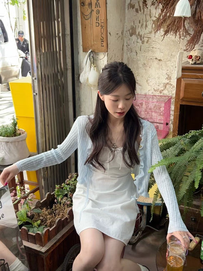 Blue Knit Bolero and White Mini Dress Set product photo 1