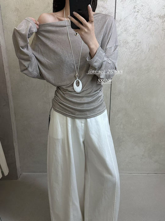 White Gray Necklace Detail Long Sleeve Top product photo 2