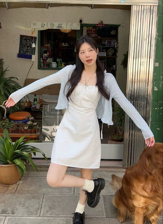 Blue Knit Bolero and White Mini Dress Set product photo 2