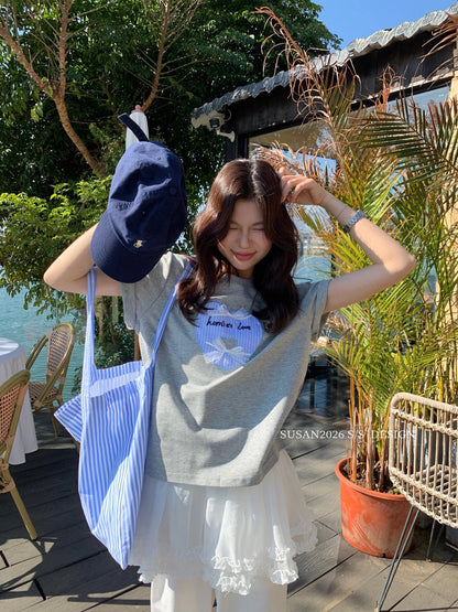 White Gray Heart Short Sleeve Top product photo 2