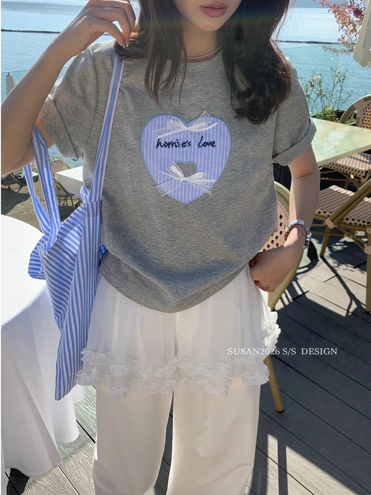 White Gray Heart Short Sleeve Top product photo 3