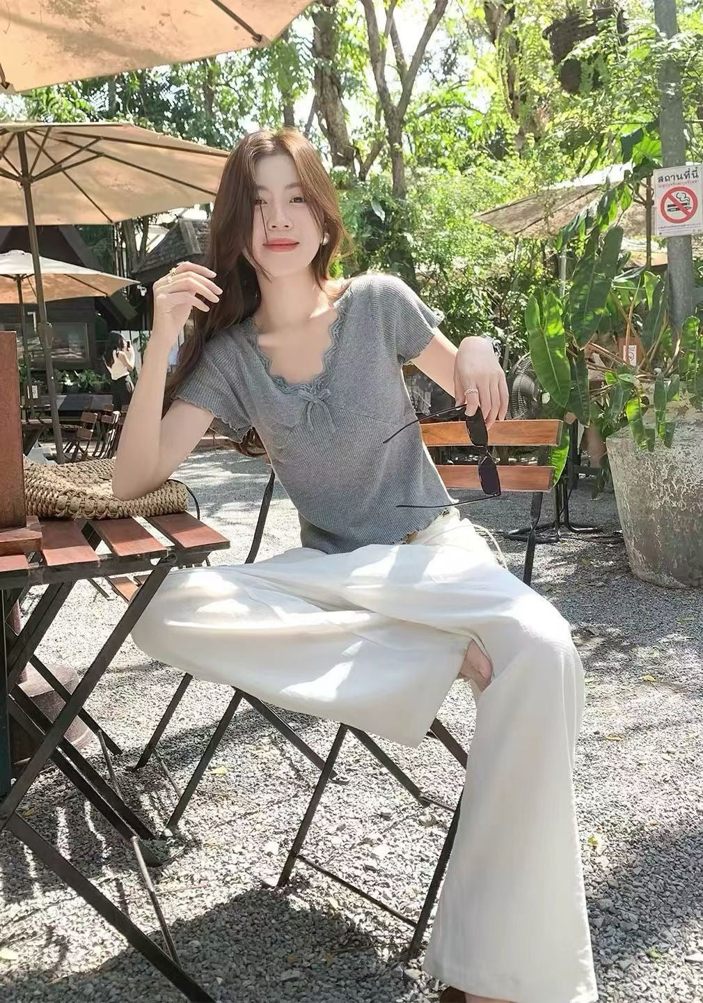 White Gray Bow Short Sleeve Top product photo 3
