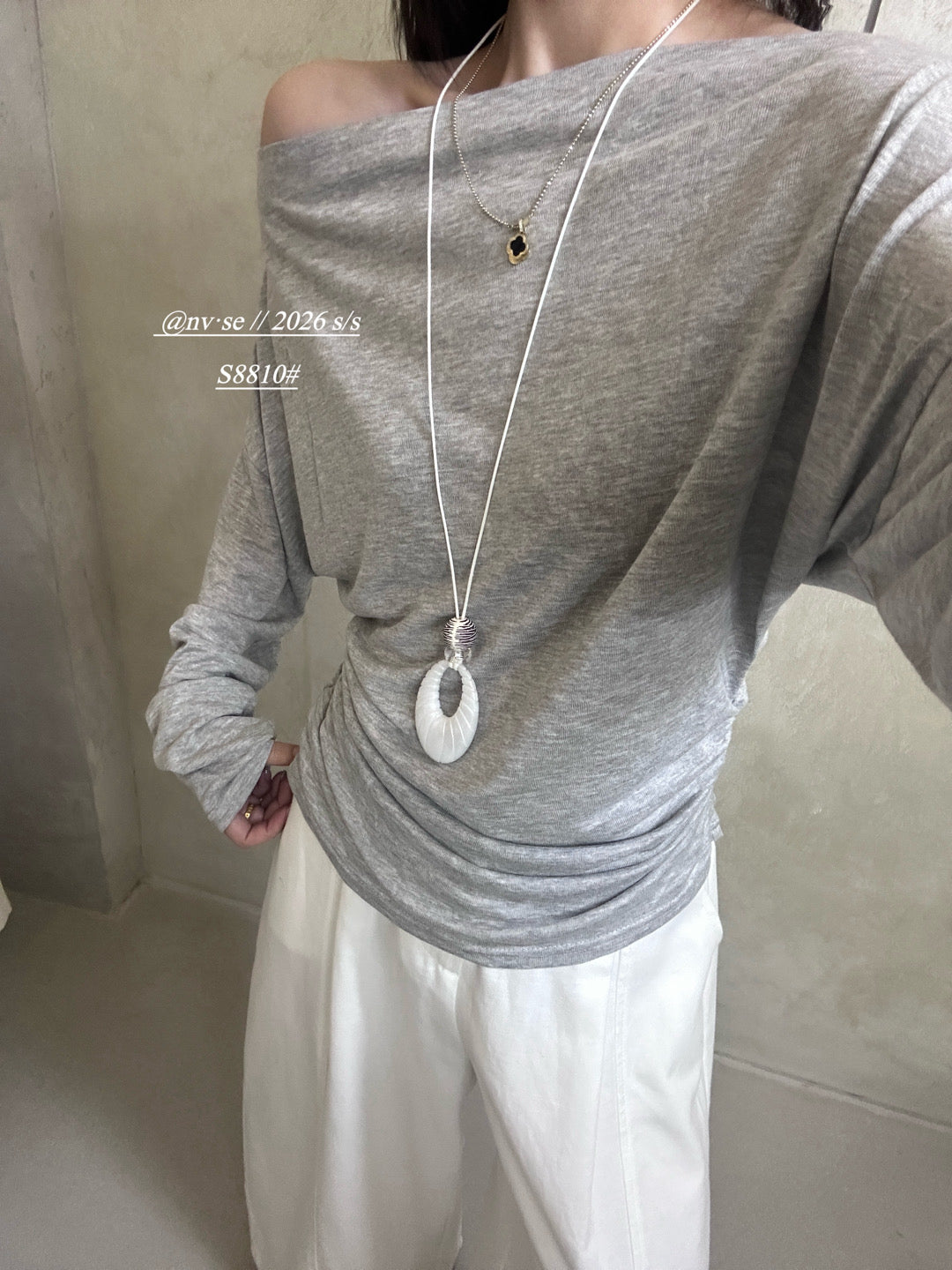 White Gray Necklace Detail Long Sleeve Top product photo 4
