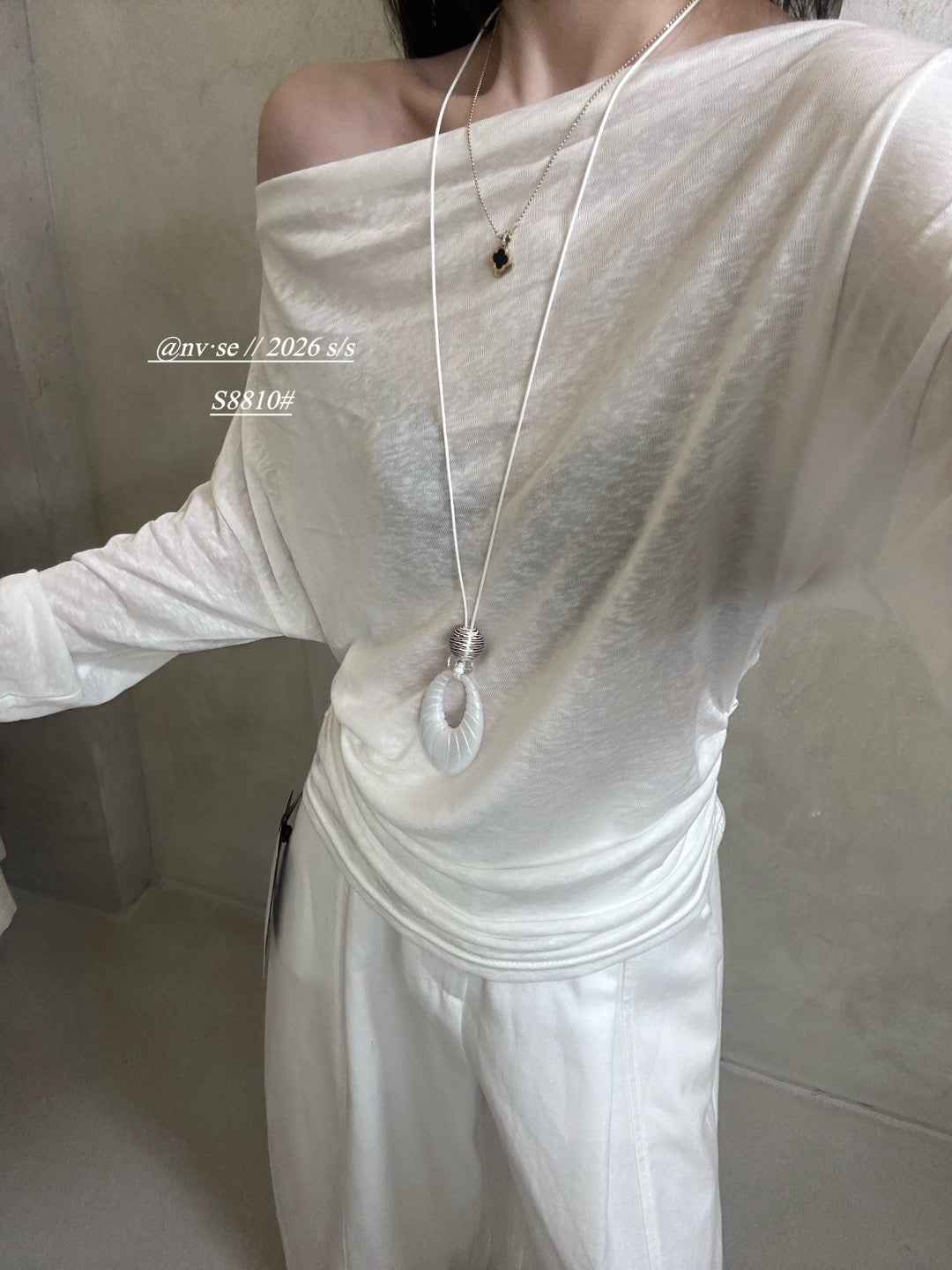 White Gray Necklace Detail Long Sleeve Top product photo 5