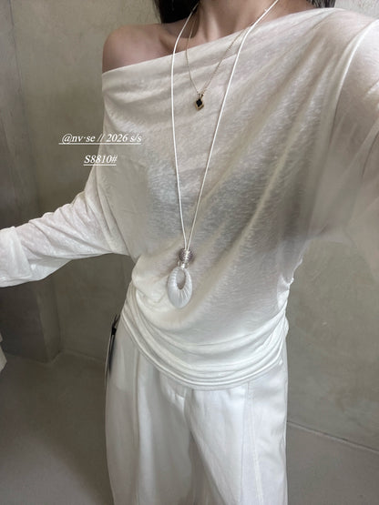 White Gray Necklace Detail Long Sleeve Top product photo 5