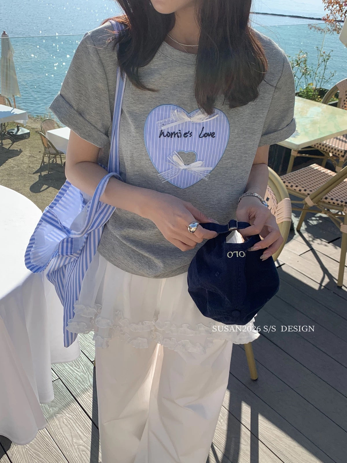 White Gray Heart Short Sleeve Top product photo 5