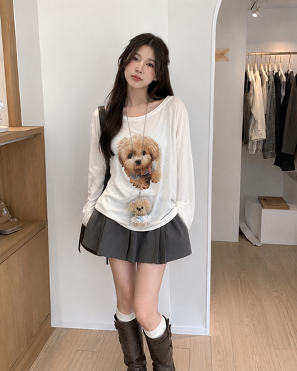 Cozy Puppy Graphic Loose Fit Tee with Necklace