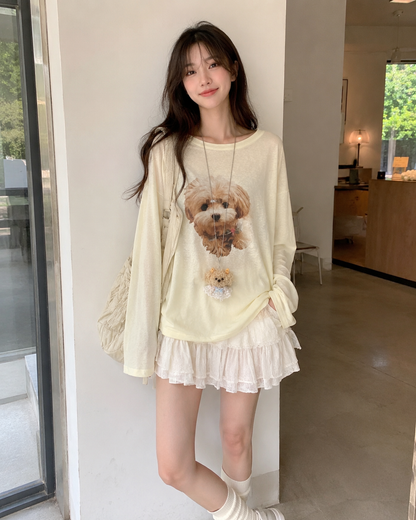Cozy Puppy Graphic Loose Fit Tee with Necklace