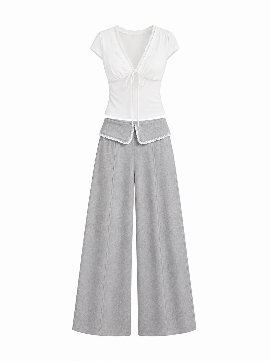 Soft Lace Tie-Front Wide Leg Pants Set