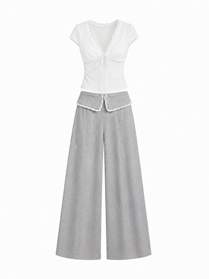 Soft Lace Tie-Front Wide Leg Pants Set