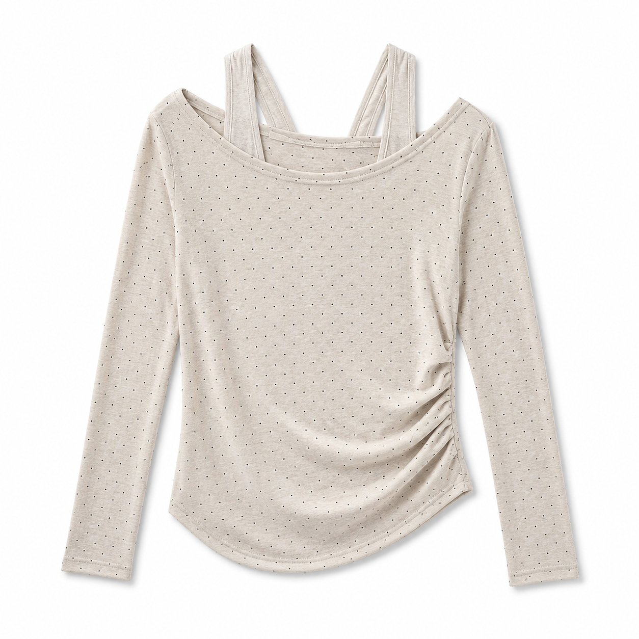 Cream Dot Side Ruched Long Sleeve Top