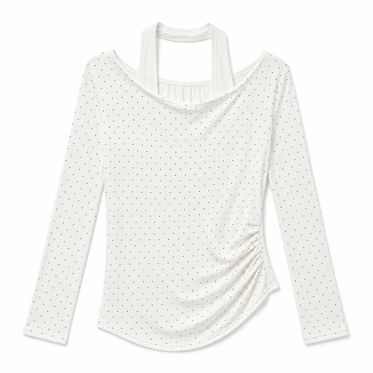 Cream Dot Side Ruched Long Sleeve Top