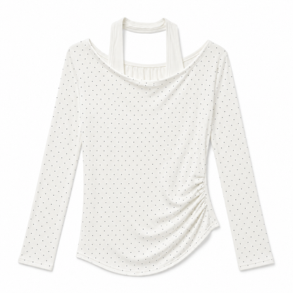 Cream Dot Side Ruched Long Sleeve Top