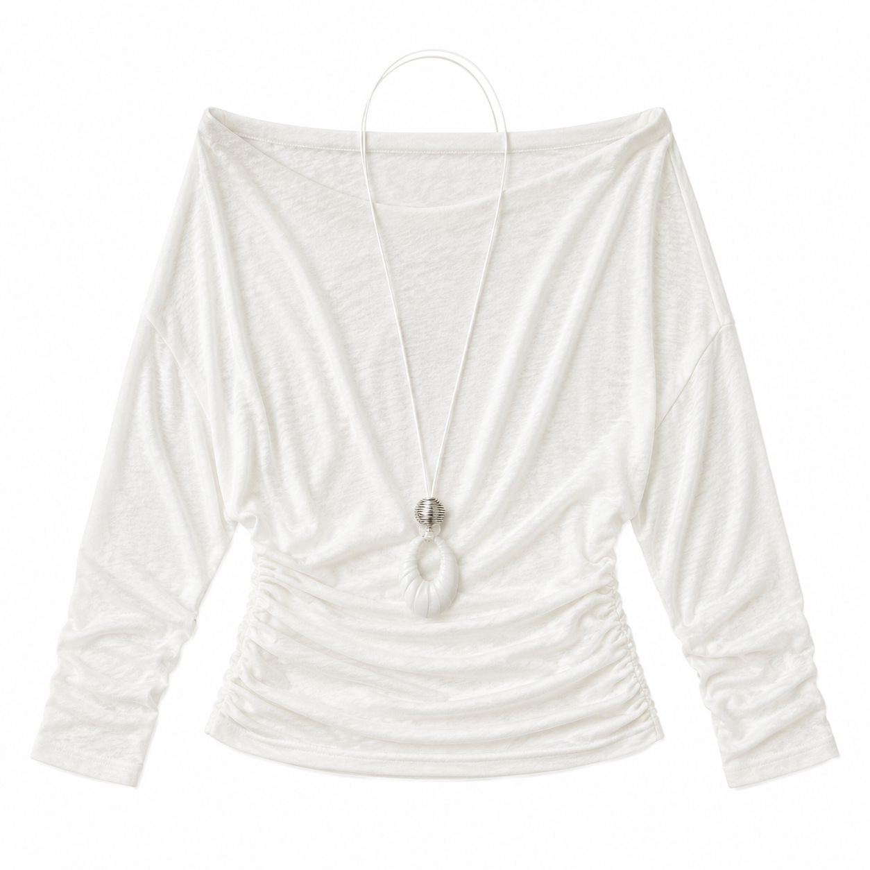 Off-The-Shoulder Ruched Waist Top with Long Pendant Necklace