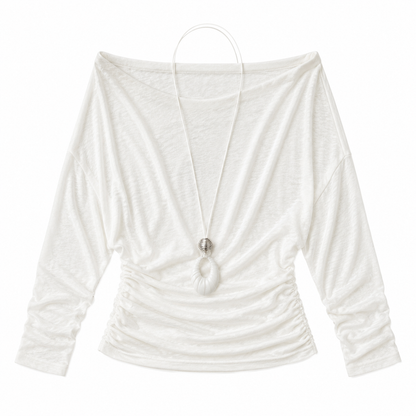 Off-The-Shoulder Ruched Waist Top with Long Pendant Necklace