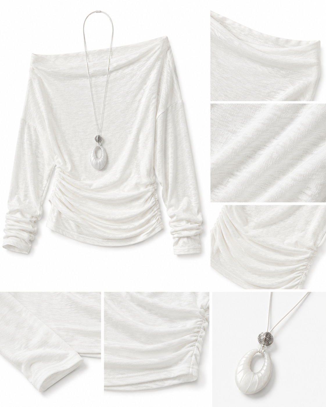 Off-The-Shoulder Ruched Waist Top with Long Pendant Necklace
