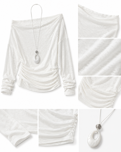 Off-The-Shoulder Ruched Waist Top with Long Pendant Necklace