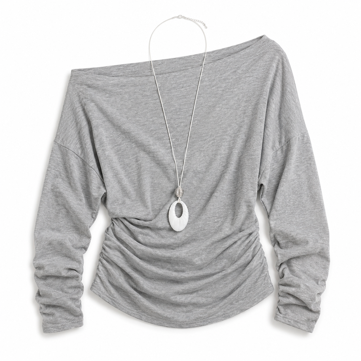 Off-The-Shoulder Ruched Waist Top with Long Pendant Necklace