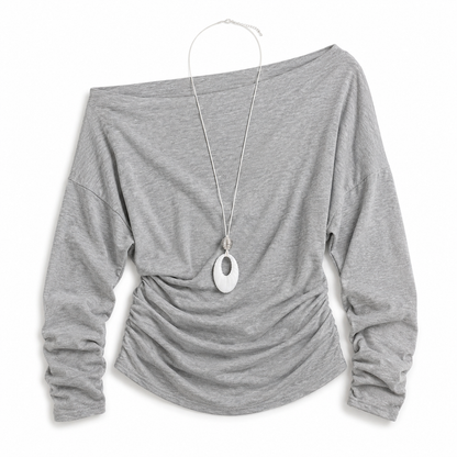 Off-The-Shoulder Ruched Waist Top with Long Pendant Necklace