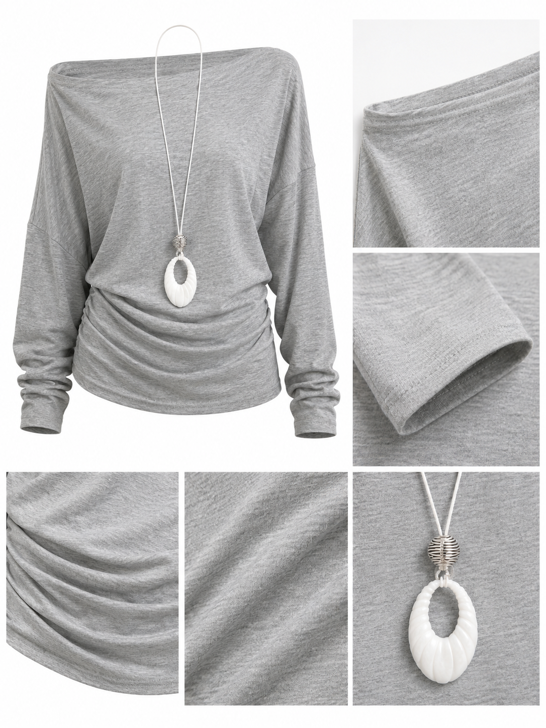 Off-The-Shoulder Ruched Waist Top with Long Pendant Necklace