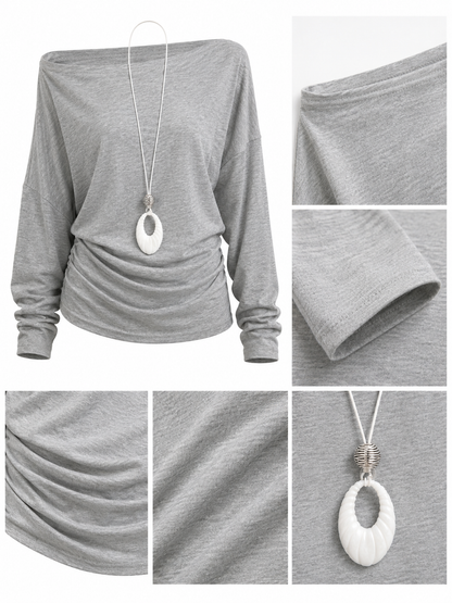 Off-The-Shoulder Ruched Waist Top with Long Pendant Necklace