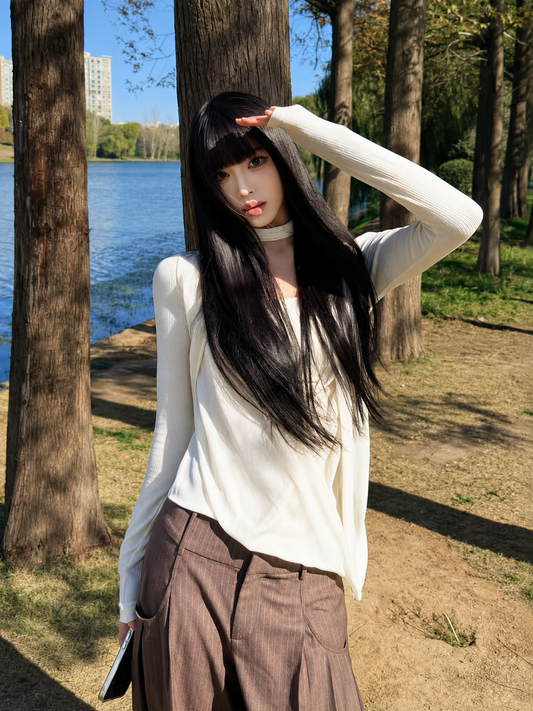 Korean Style Choker Neck Draped Cross Top