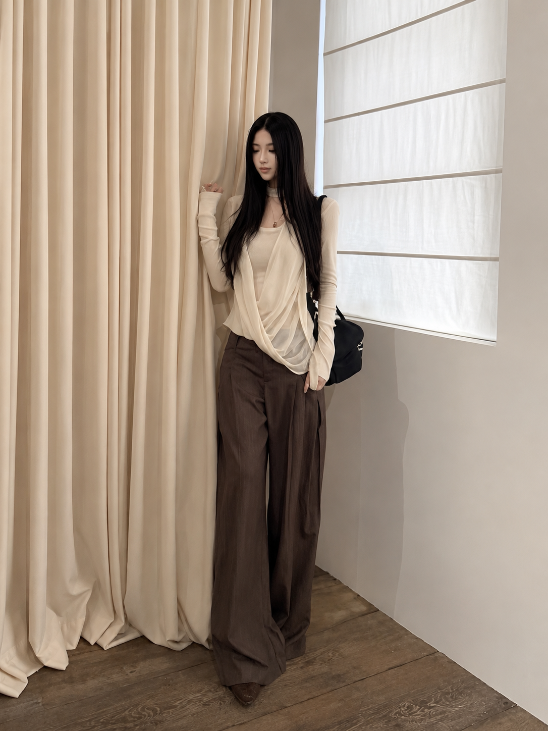 Korean Style Choker Neck Draped Cross Top