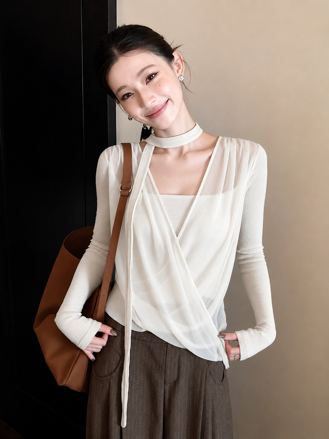 Korean Style Choker Neck Draped Cross Top