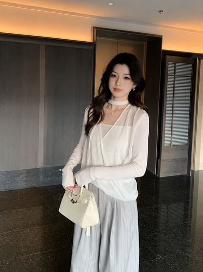 Korean Style Choker Neck Draped Cross Top