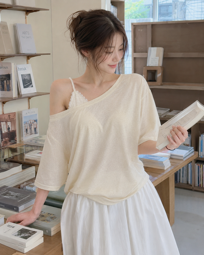 Creamy Morning Off-Shoulder Lace Layered Tee