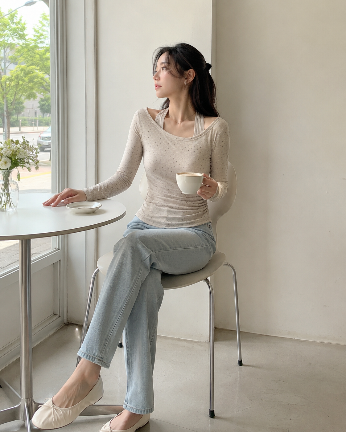 Cream Dot Side Ruched Long Sleeve Top