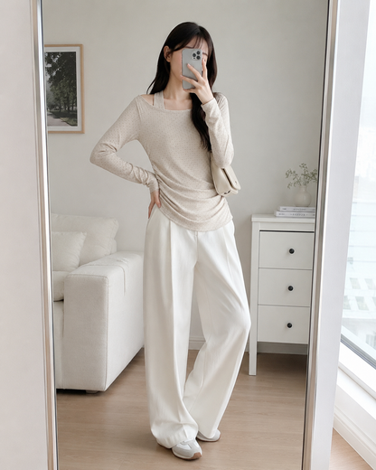 Cream Dot Side Ruched Long Sleeve Top