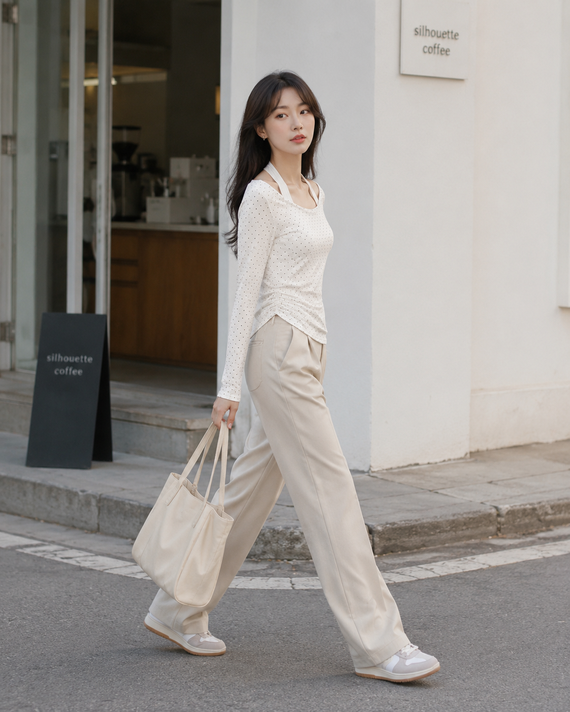 Cream Dot Side Ruched Long Sleeve Top