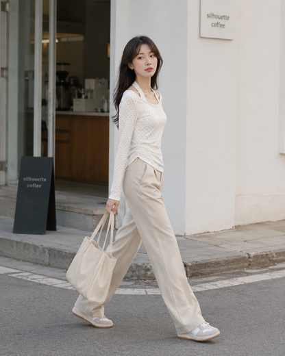 Cream Dot Side Ruched Long Sleeve Top