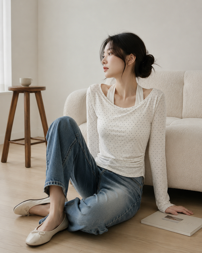 Cream Dot Side Ruched Long Sleeve Top