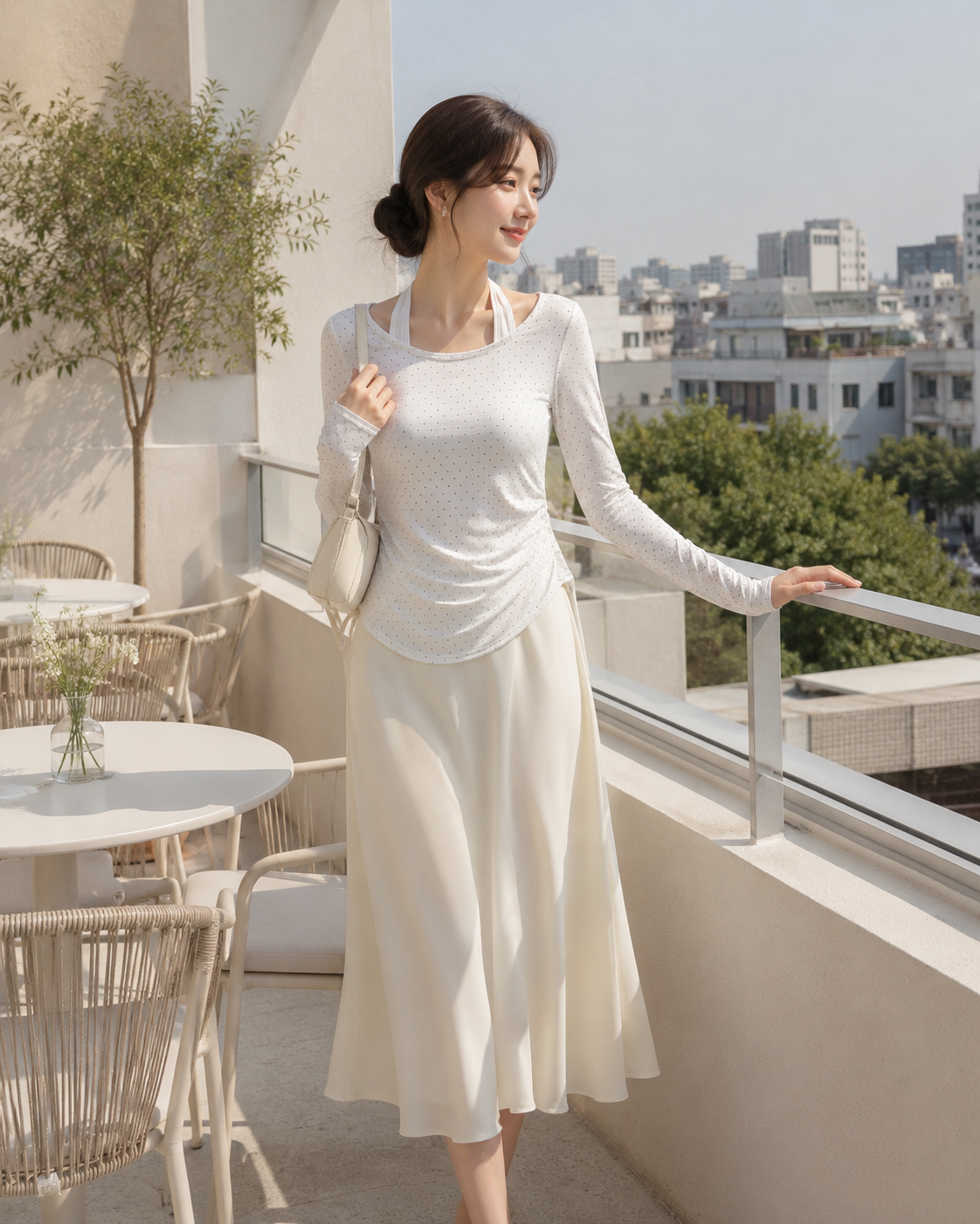 Cream Dot Side Ruched Long Sleeve Top