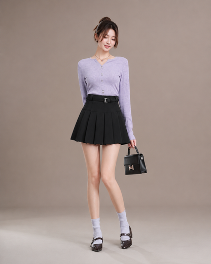 High Waist Pleated Skirt with Belt