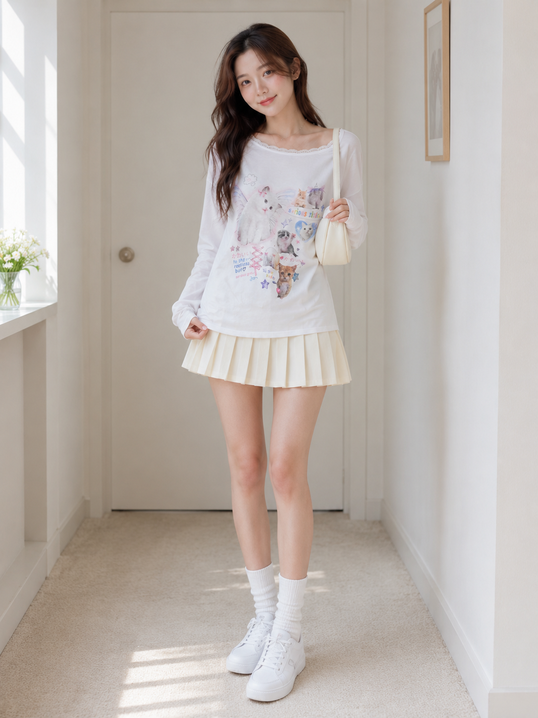 Playful Cat Graphic Long Sleeve Tee