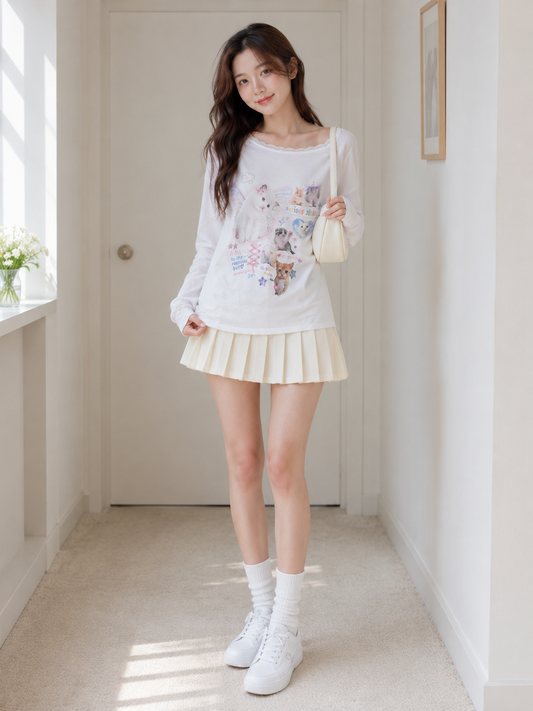 Playful Cat Graphic Long Sleeve Tee