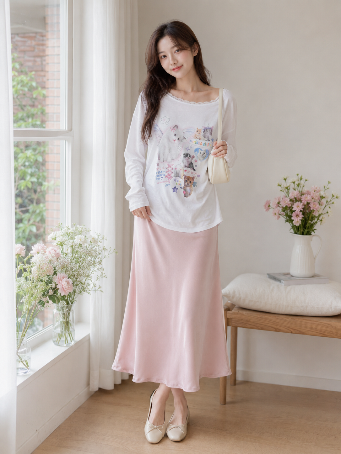 Playful Cat Graphic Long Sleeve Tee