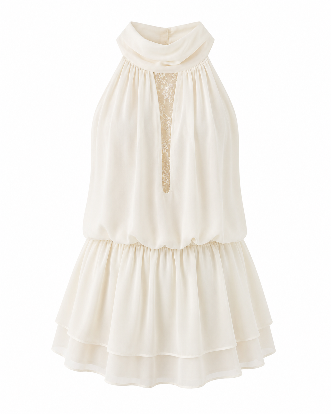 Cream Lace Panel Halter Tiered Mini Dress
