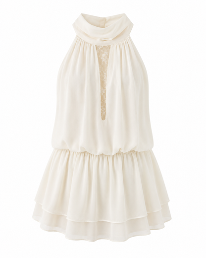 Cream Lace Panel Halter Tiered Mini Dress