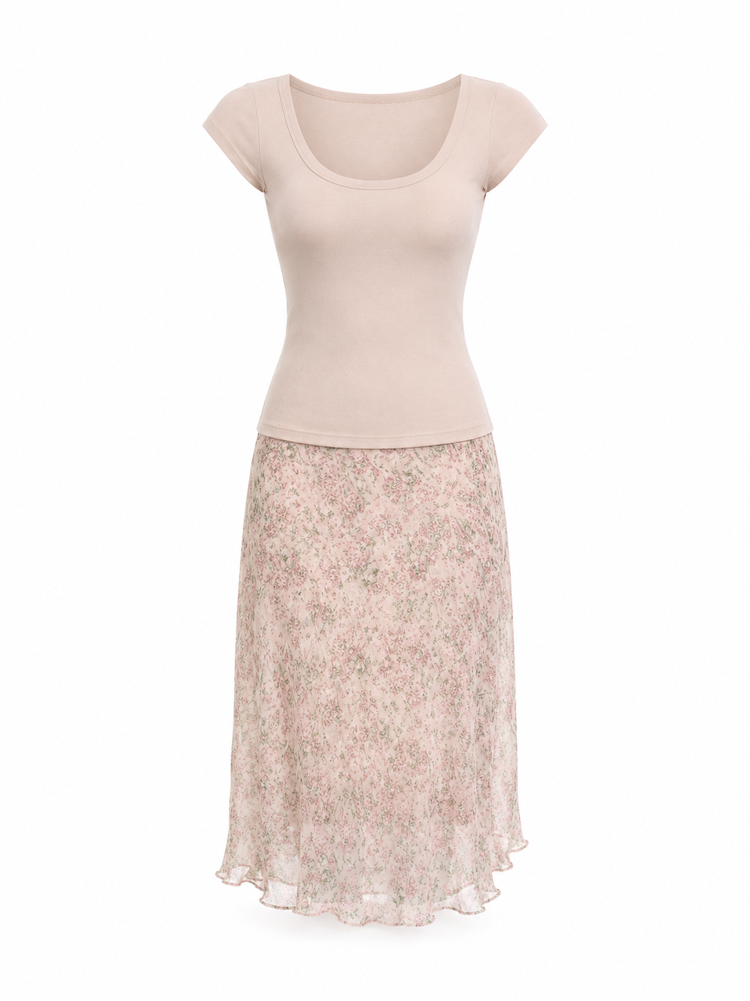 Soft Floral Tee & Mesh Midi Skirt Set