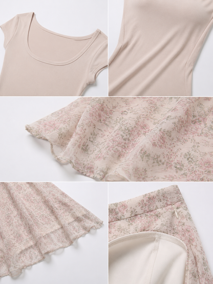 Soft Floral Tee & Mesh Midi Skirt Set