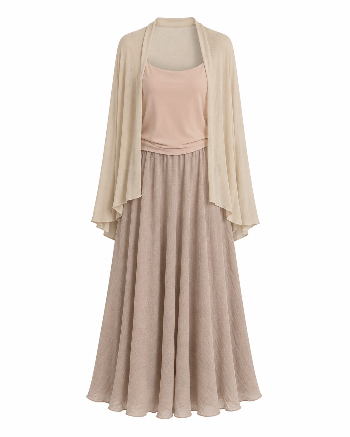 Soft Beige Three Piece Cardigan & Maxi Skirt Set