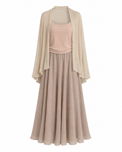 Soft Beige Three Piece Cardigan & Maxi Skirt Set