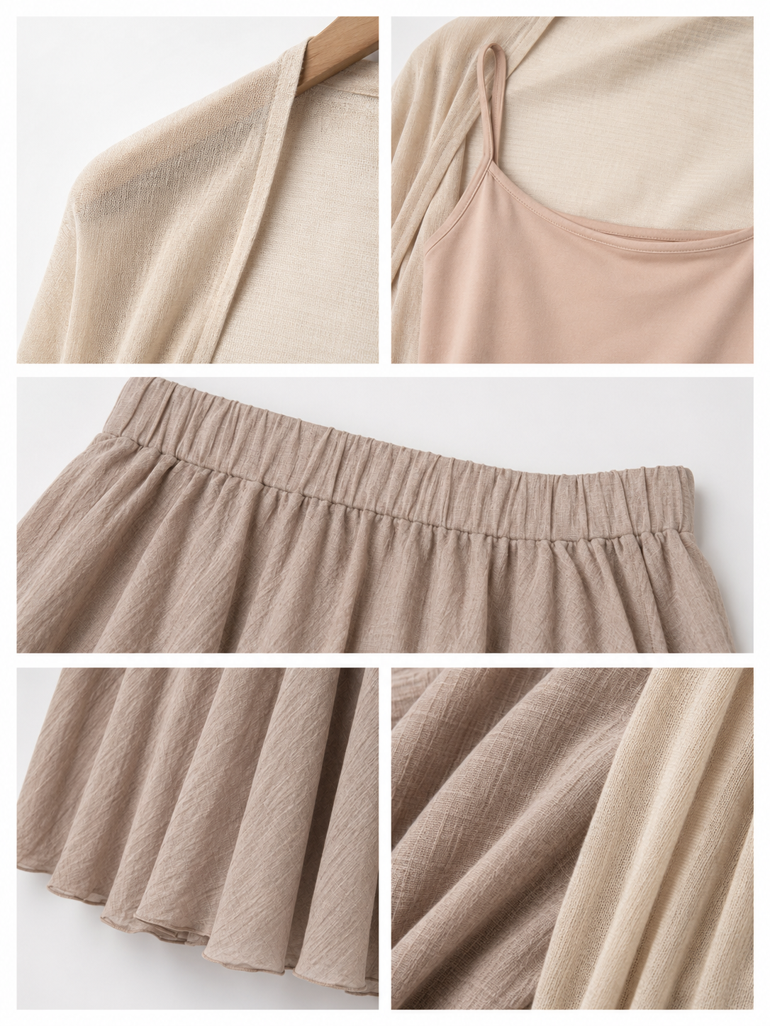 Soft Beige Three Piece Cardigan & Maxi Skirt Set